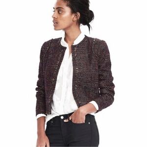 Banana Republic Petite Tweed Jacket Fringe Trim Open Front Size